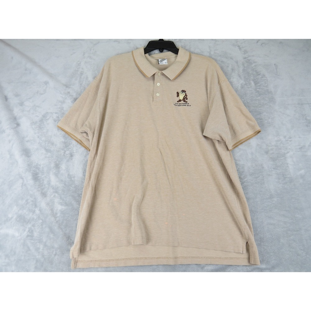 Warner Bros Taz Tasmanian Devil Polo Shirt Mens XL Tan Looney Tunes Pique Knit